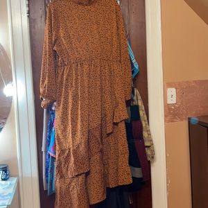 Plus Ruffle Neck Dalmatian Print Asymmetric Dress